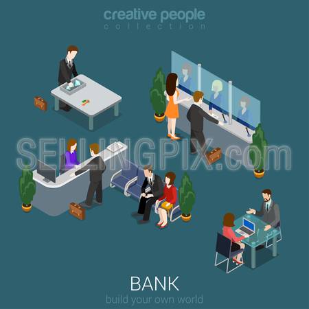 Flat 3d isometric abstract bank office building floor interior detail elements concept vector. Counter desk, cashier, vault, manager, cashdesk, currency exchange. Creative people collection.