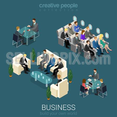 Flat 3d isometric abstract office building floor interior detail elements concept vector. Negotiations meeting room business lunch airplane trip seats. Creative people business world collection.
