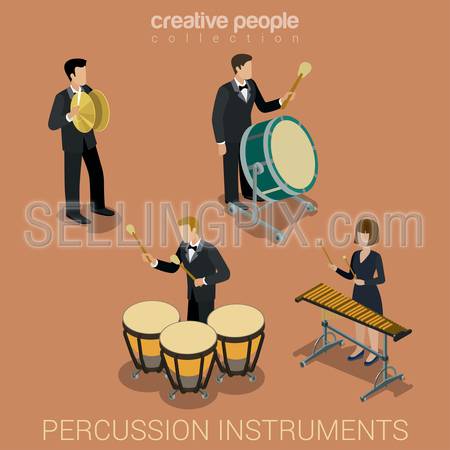 Percussion instrument musicians flat 3d web isometric infographic concept vector. Group of creative young people playing on classic instruments scene theater opera concert. Cello violin clarinet.