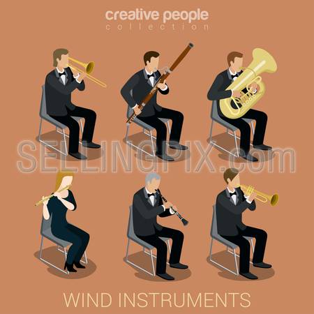 Wind instrument musicians flat 3d web isometric infographic concept vector. Group of creative young people playing on classic instruments scene theater opera concert. Trombone fife flute trumpet tube pipe clarinet.
