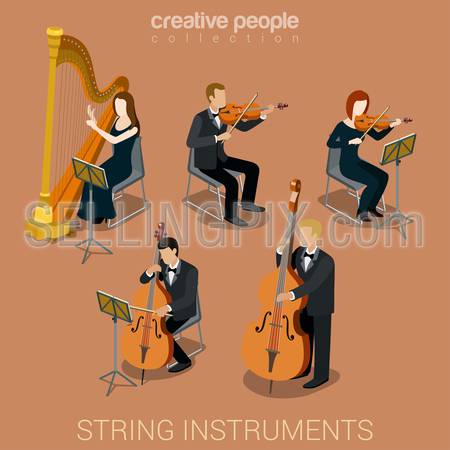 String instrument musicians flat 3d web isometric infographic concept vector. Group of creative young people playing on classic instruments scene theater opera concert. Cello violin harp viola double bass contrabass.