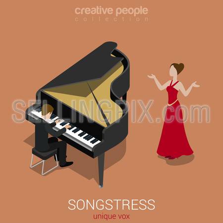 Songstress solo female singer piano accompaniment flat 3d web isometric infographic concept vector. Creative people world music art collection.