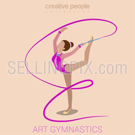 Sports women art gymnastics workout exercise performance flat 3d web isometric infographic vector. Young girl on carpet with gymnastic ribbon. Creative people sports activity collection.
