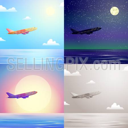 Flat airplane aircraft flying in sky above sea stylish modern travel scene set. Stylish web banner nature outdoor collection. Daylight night moonlight sunset view retro vintage plane picture sepia.