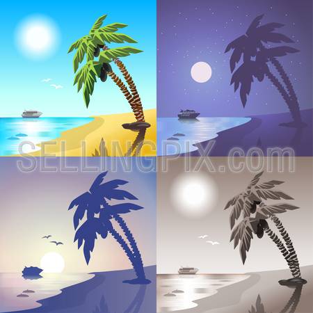 Flat landscape sea cruise ship palm beach summer tropic island travel scene set. Stylish web banner nature outdoor collection. Daylight, night moonlight, sunset view, retro vintage picture sepia.