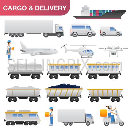 Flat delivery logistics transport icon set. Cargo car truck van tanker barge ship helicopter airplane aircraft train carriage cistern lorry scooter motorbike and riders. Web infographic collection.