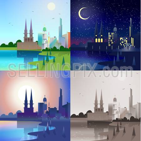 Flat modern city scape historic castle tower building skyscrapers river bank scene set. Stylish web banner landscape collection. Daylight, night moonlight, sunset view, retro vintage picture sepia.