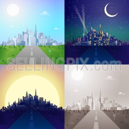 Flat road to modern urban city scape skyscrapers on horizon scene set. Stylish web banner landscape collection. Daylight, night moonlight, sunset view, retro vintage picture sepia.