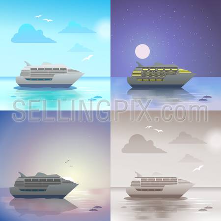 Flat landscape ocean sea cruise ship summer travel vacation scene set. Stylish web banner nature outdoor collection. Daylight, night moonlight, sunset view, retro vintage picture sepia.
