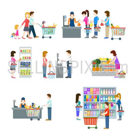 Flat style people in shopping mall supermarket grocery shop figure icons. Web template vector icon set. Lifestyle situations icons. Family holiday weekend with cart cash desk fruit vegetable weighting