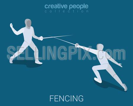 Fencing championship battle fight lunge push. Sport modern lifestyle flat 3d web isometric infographic vector. Young joyful people group sports workout exercise. Creative sportsmen people collection.