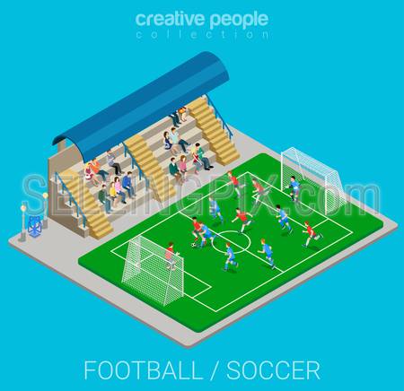 Football / soccer stadium competition match play. Sport modern lifestyle flat 3d web isometric infographic vector. Young joyful people team sports championship. Creative sportsmen people collection.