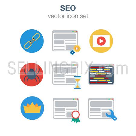 Flat icon set SEO viral marketing digital advertisement campaign page optimization concept. Web click infographics style vector illustration collection. Link exchange video clips page rand HTML coding