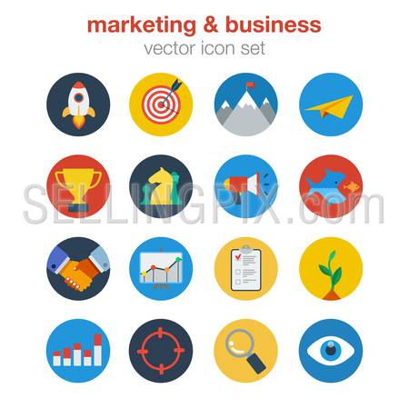 Flat marketing business design icon set. Web click infographics style vector illustration concept. Startup target digital goal mail prize trophy acquisition merger deal report invest search lookup.