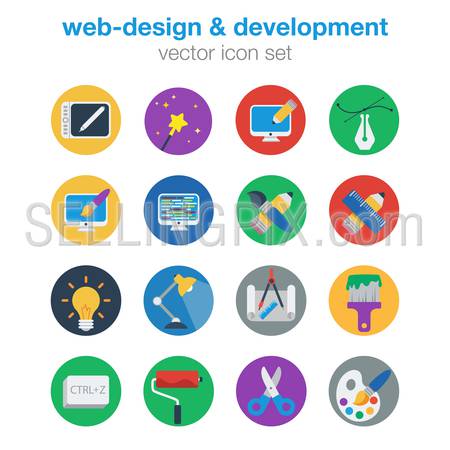Modern style flat 2d web design and development vector icon set. Sketching painting drawing theming coding hotkey palette Bezier path idea lamp. Creative icons collection.