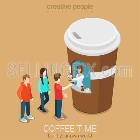 Coffee mini sales point concept flat 3d web isometric infographic concept vector. Line of customers waiting for hot beverage near stylish street paper cup building. Creative people collection.