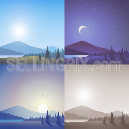 Flat landscape hilly mountain wild lake forest scene set. Stylish web banner nature outdoor collection. Daylight, night moonlight, sunset view, retro vintage picture sepia.