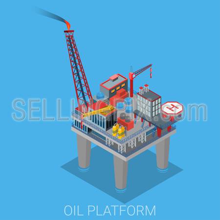 Oil platform with helipad helicopter platform in the sea ocean. Oil production process cycle. Oil extraction derrick, refinery, logistics delivery collection.