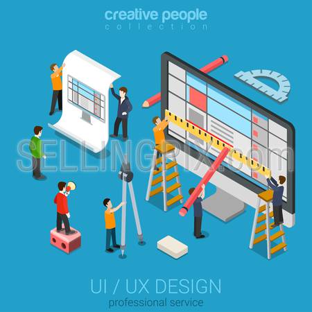 Flat 3d isometric desktop UI/UX design web infographic concept vector. Crane micro people creating interface on computer. User interface experience, usability, mockup, wireframe development concept.