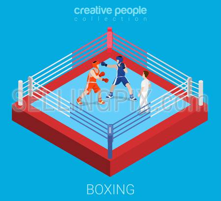 Boxing ring professional championship competition fight. Sport modern lifestyle flat 3d web isometric infographic vector. Creative sportsmen people collection.