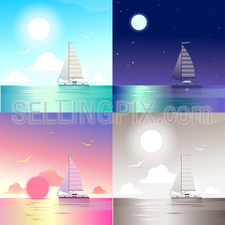 Flat landscape ocean sea yacht summer travel vacation scene set. Stylish web banner nature outdoor collection. Daylight, night moonlight, sunset view, retro vintage picture sepia.