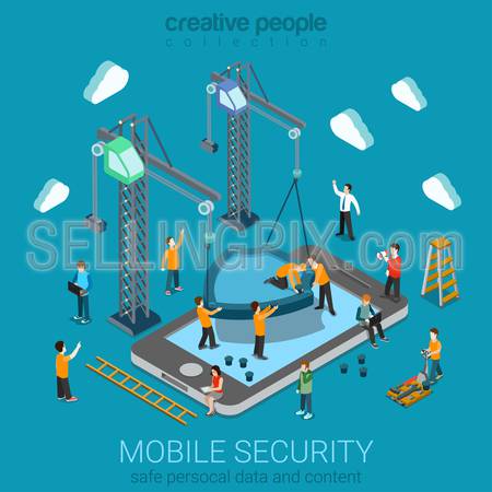 Micro people installing huge shield on smartphone. Flat 3d web isometric mobile online safety data protection secure connection cryptography antivirus firewall internet security infographic concept.