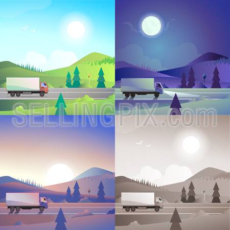 Flat landscape hilly mountains countryside road delivery truck transport scene set. Stylish web banner nature outdoor collection. Daylight, night moonlight, sunset view, retro vintage picture sepia.