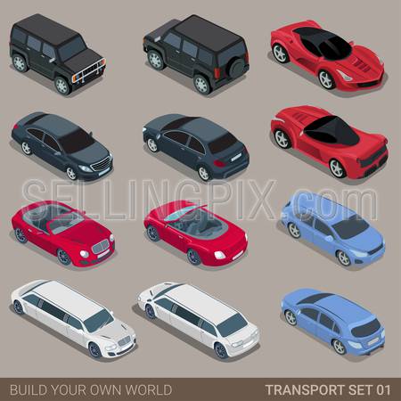 Flat 3d isometric high quality city transport icon set. Car sportscar SUV lux high class sedan limousine limo convertible cabrio. Build your own world web infographic collection.