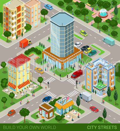 City block streets transport inhabitants concept. Modern trendy flat 3d isometric infographic. Street buildings cars vans ice cream cafe restaurant business centre park. Creative people collection.