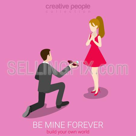 Be my wife concept flat 3d web isometric infographic concept vector. Young man on knee making proposal to red dress beauty girl. Creative people love romance collection.