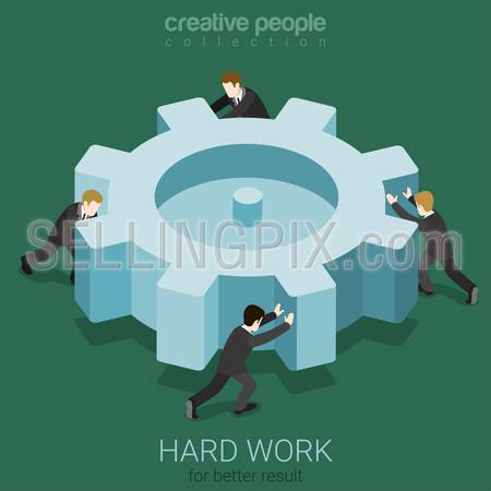 Micro business people spinning big cogwheel gear. Hard work team concept flat 3d web isometric infographic concept vector. Creative people collection.