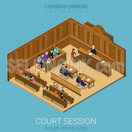 Court jury session room concept flat 3d web isometric infographic vector. People in auditory listening to lecture teacher. Creative people collection.