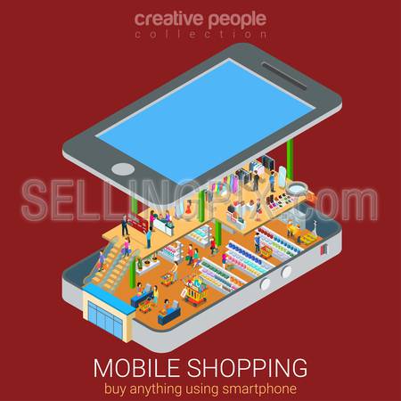 Mobile shopping e-commerce online supermarket store flat 3d web isometric infographic concept vector and electronic business, sales. Buyers customers inside big smartphone among shelves with goods.