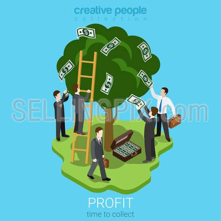 Time to collect profit concept flat 3d web isometric infographic concept vector. Men pluck dollar money banknotes from the tree to the briefcase. Creative business people collection.