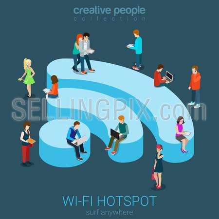 Public free Wi-Fi hotspot zone wireless connection flat 3d isometric web banner template. Creative people surfing internet on WiFi shaped podium. Technology globalization and reachability.