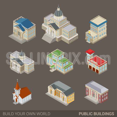 City architecture public government buildings flat 3d web isometric icon set. Mayor office bank police court house hospital fire station church museum post. Build your own world infographic collection