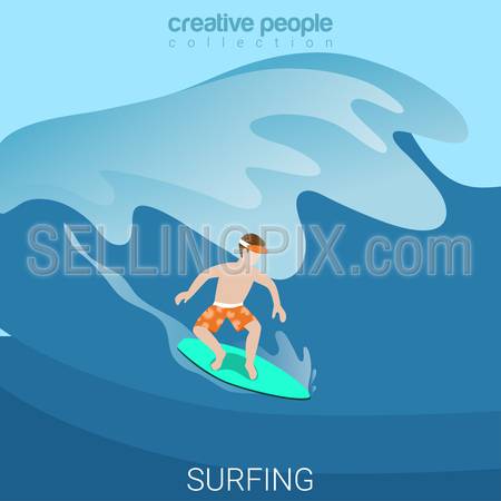 Water activity surfing sport fun lifestyle flat 3d web isometric infographic vector. Creative sportsmen people collection.