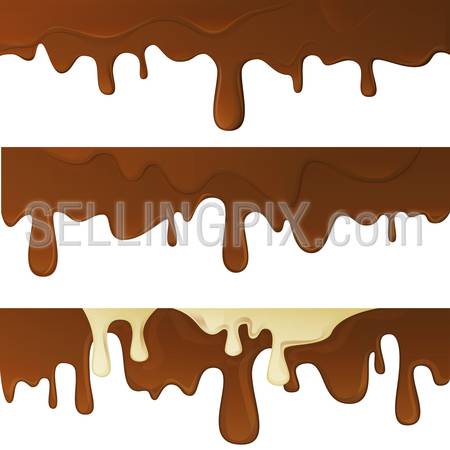 Melted hot chocolate drops vector illustration set. Dark cacao and white milk choco molten sweet liquid yummy syrup.