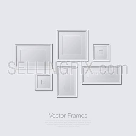 Blank picture frame template set. Empty isolated painting frames on white wall.