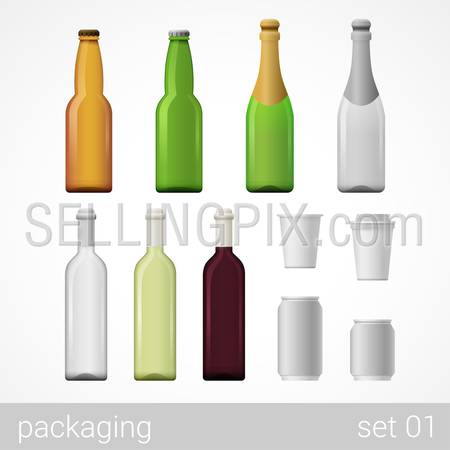 Alcohol wine champagne beer coffee drink glass bottles metal can paper cardboard package set. Blank white packaging objects isolated on white vector illustration.
