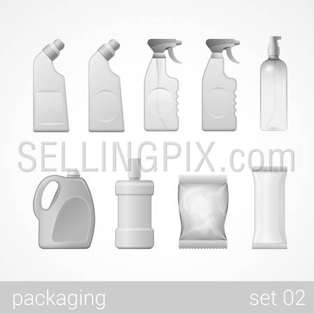 Cleanser detergent spray shampoo soap plastic package set. Blank white grey packaging objects isolated on white vector illustration.