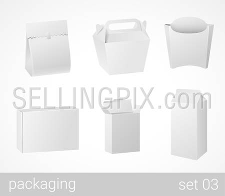 Chineese thai food and drink plastic and carton cardboard package set. Blank white packaging objects isolated on white vector illustration.