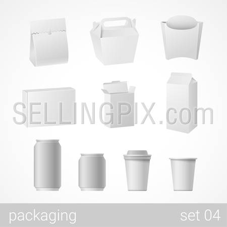 Food and drink plastic, metal, paper and carton cardboard package set. Blank white packaging objects isolated on white vector illustration.