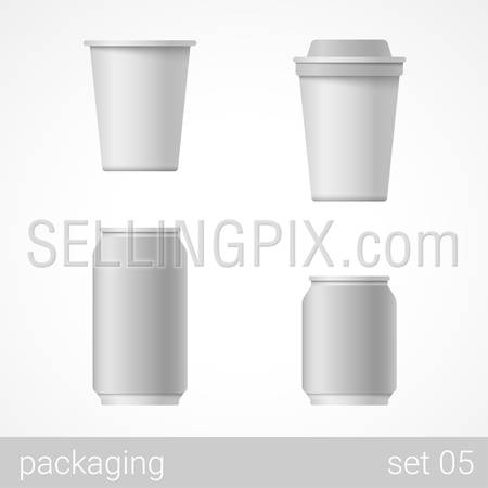 Drink plastic, metal and paper package set. Blank gray white packaging objects isolated on white vector illustration.