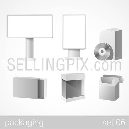 Outdoor bigboards and retail plastic and carton cardboard marketing CD DVD software box cigarettes sweet candy package set. Blank white packaging objects isolated on white vector illustration.