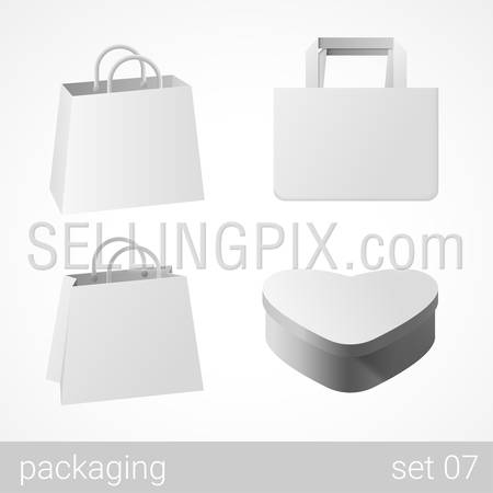 Carton cardboard bags and gift wrapping package set. Blank white packaging objects isolated on white vector illustration.