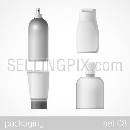 Cosmetic plastic container tube bottle package set. Blank white packaging objects isolated on white vector illustration.