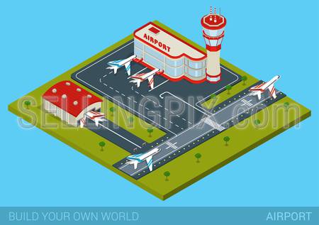 Airport flat 3d web isometric infographic concept vector. Terminal building, airfield, hangar, runway airstrip landing strip, airplane departure, control tower. Block collection to build your own world.
