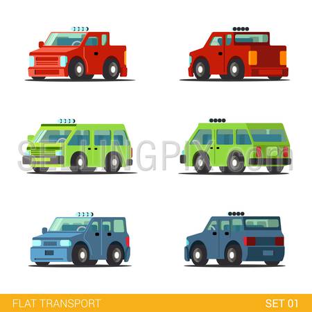Flat 3d isometric funny road transport icon set. Van sedan hatchback offroad SUV family car. Build your own world web infographic collection.