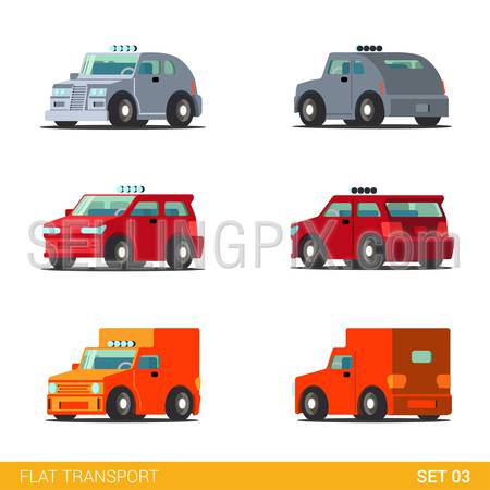 Flat 3d isometric funny road transport icon set. Van hatchback truck delivery car. Build your own world web infographic collection.